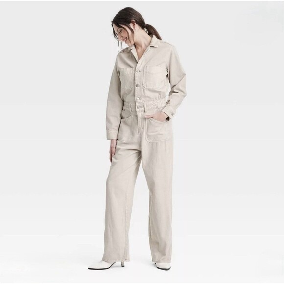 Universal Thread Off-White Denim Baggy Jumpsuit Long Sleeve Size 2 - Picture 1 of 13